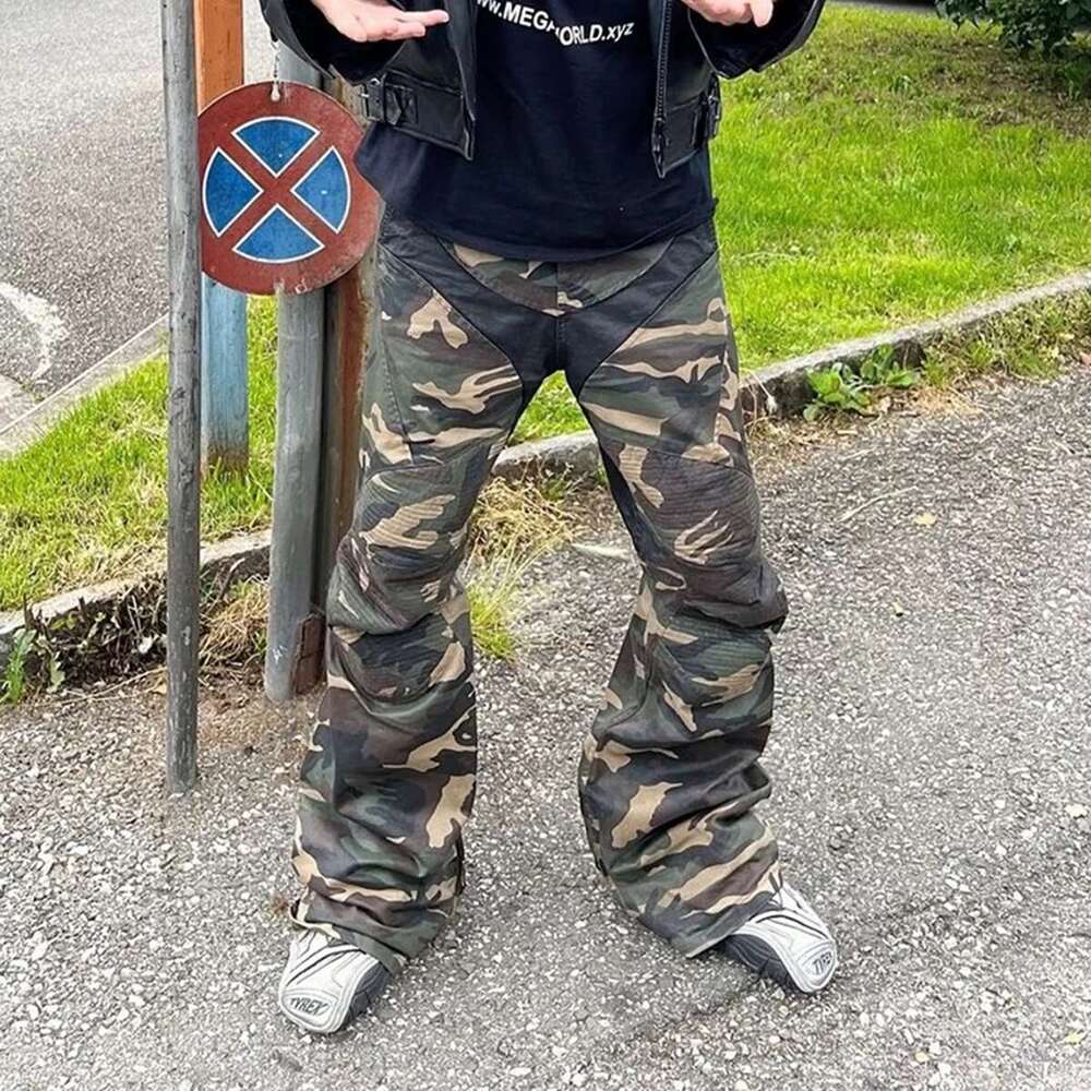 Camouflage Coated Micro Flared Motorcycle Pants For Men Patchwork Baggy Jeans Ankle Zipper Boot Cut