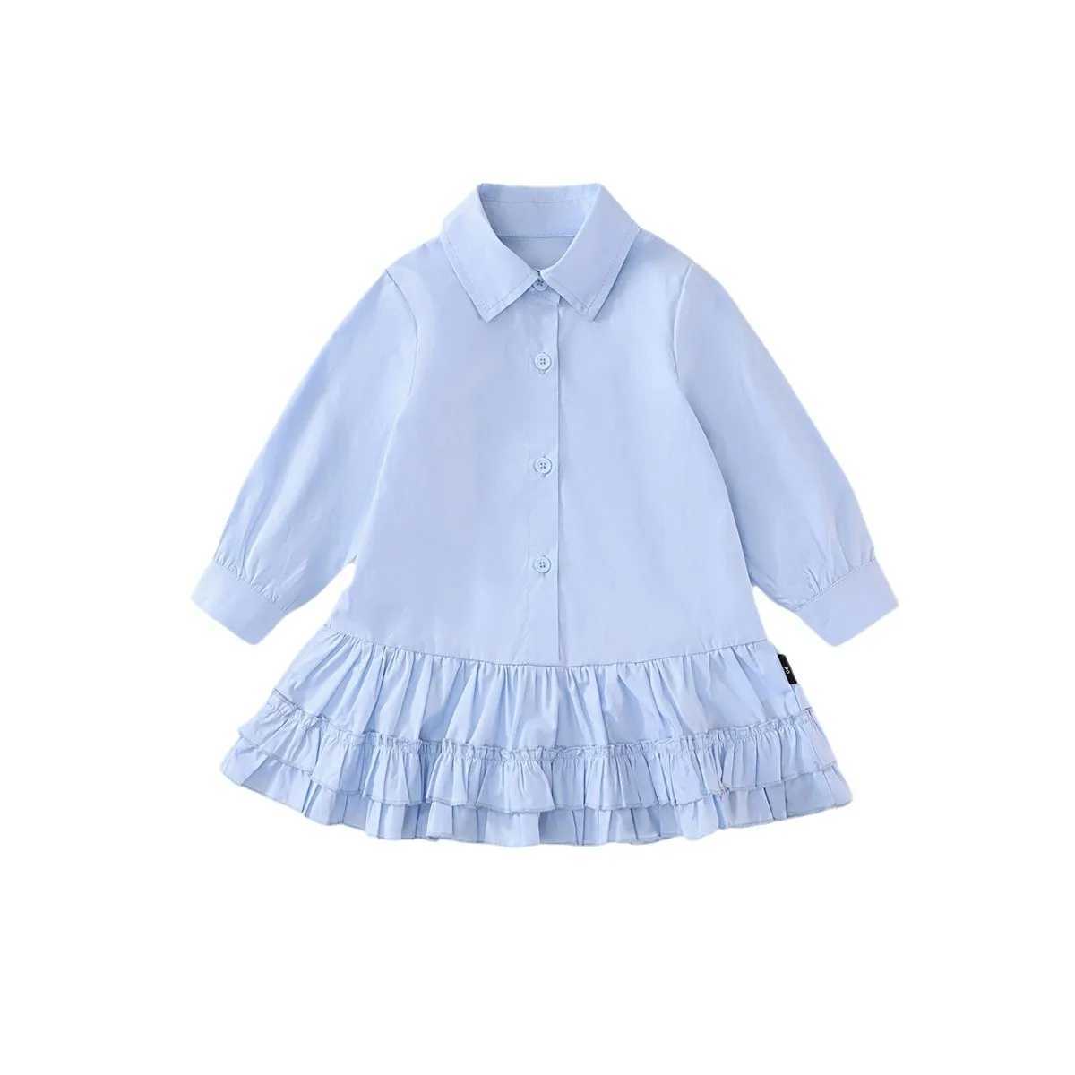 Children Girls Spring Autumn Dress Blue Turndown Collar Pleated Hem Kid Girls Frock Casual Pure Cotton Toddler Girls Shirt Dress Z250214
