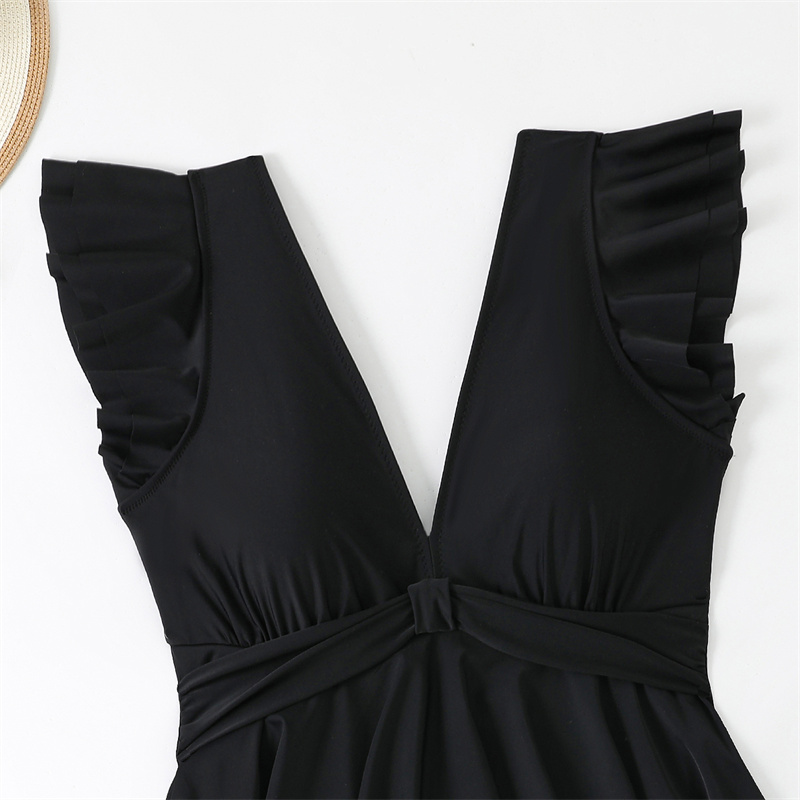Women's One Piece Ruffle Swimdress Tummy Control V Neck Swimsuits Ruched Elegant Bathing Suits Skirt