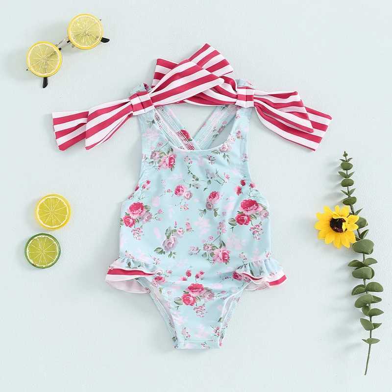 2-6T Toddler Kids Girls Swimsuit Floral/Stars Print Bowknot Beachwear Sleeveless Ruffles Summer Beach Bathing Suit Z250214