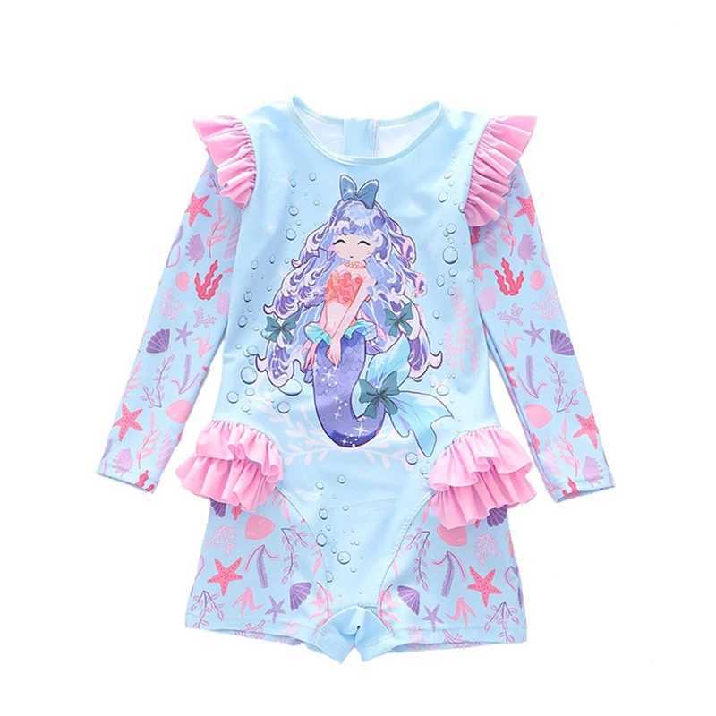 2-9 Years Children Girls Swimsuit Mermaid Printed Sun Protection Long Sleeve Swimwear Princess Girls Beachwear Holiday Z250214