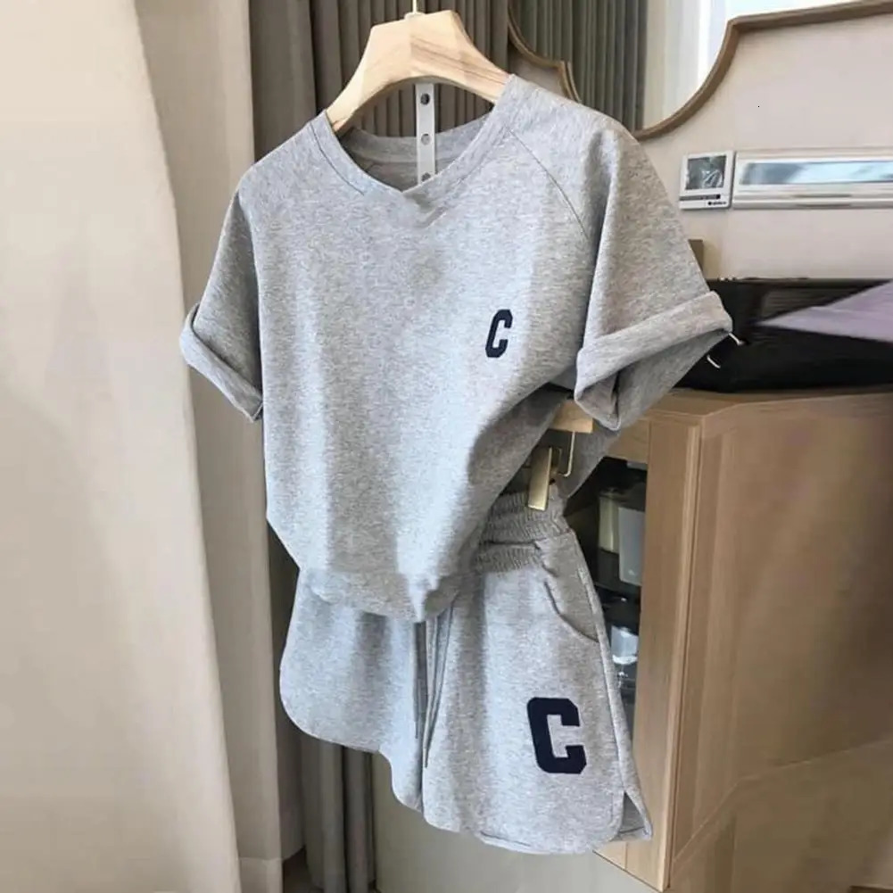 2 Pcs/Set Women Summer Tracksuit Short Sleeves Letter Embroidery Loose Round Neck Pockets Daily Wear Elastic Waist Exercise 250210