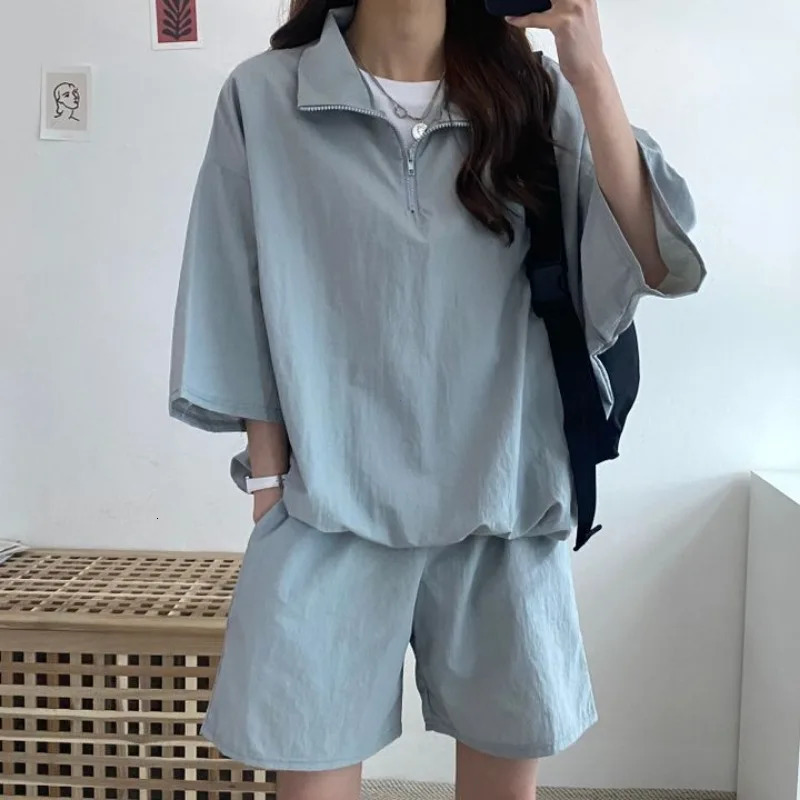 Short sleeve Shorts Women clothes Two-piece Set Plus size Turtleneck Zip-up Spring Summer Fashion Casual Sweatshirt Set Loose 250210