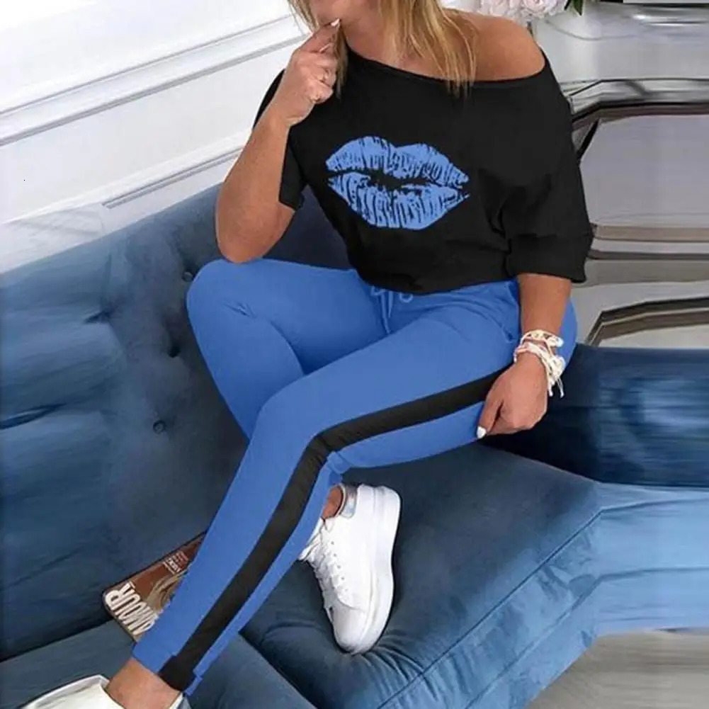2 Pcs/Set Women Top Pants Set Lip Print Sport Tracksuit Casual Sports Elastic Waist Lady T-shirt Trousers Suit Lady Garment 250210