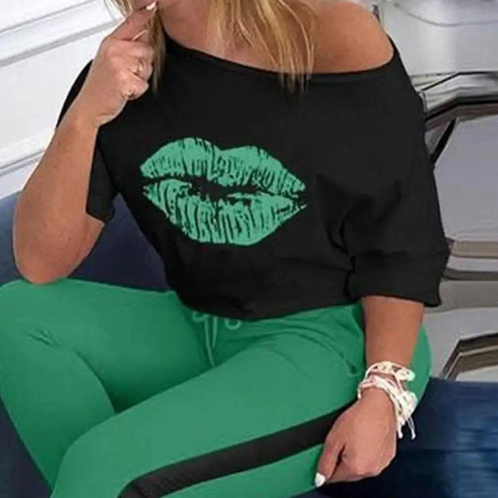 2 Pcs/Set Women Top Pants Set Lip Print Sport Tracksuit Casual Sports Elastic Waist Lady T-shirt Trousers Suit Lady Garment 250210