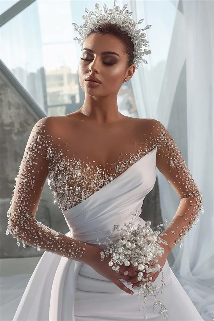 Luxurious Sexy Beads Mermaid Wedding Dresses Sheer Long Sleeve Crystals Jewel Neck Arabic Dubai Bridal Gowns With Detachable Skirt