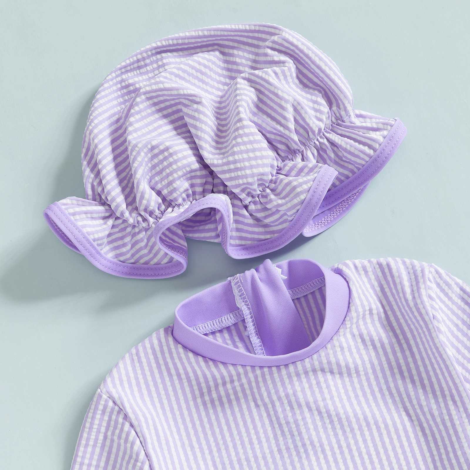 Yiiciovy Toddler Girls Ruffle Swimwear Beach Wear Princess Rash Guard Swimsuit with Hat Striped Long Sleeve Baby Bathing Suit Z250214