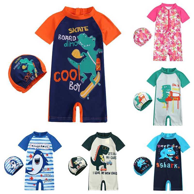 Newborn Baby Infant Boys Swimsuit with Hat Dinosaur Print Short Sleeve Round Neck Half Zipper Girl Jumpsuit Bathing Suit Z250214