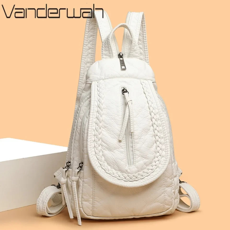 White Backpack For Women Small Shoulder Bag Multi-pocket Rucksack Ladies High Quality Soft Leather Sac A Dos Casual Teenager Bag 250214