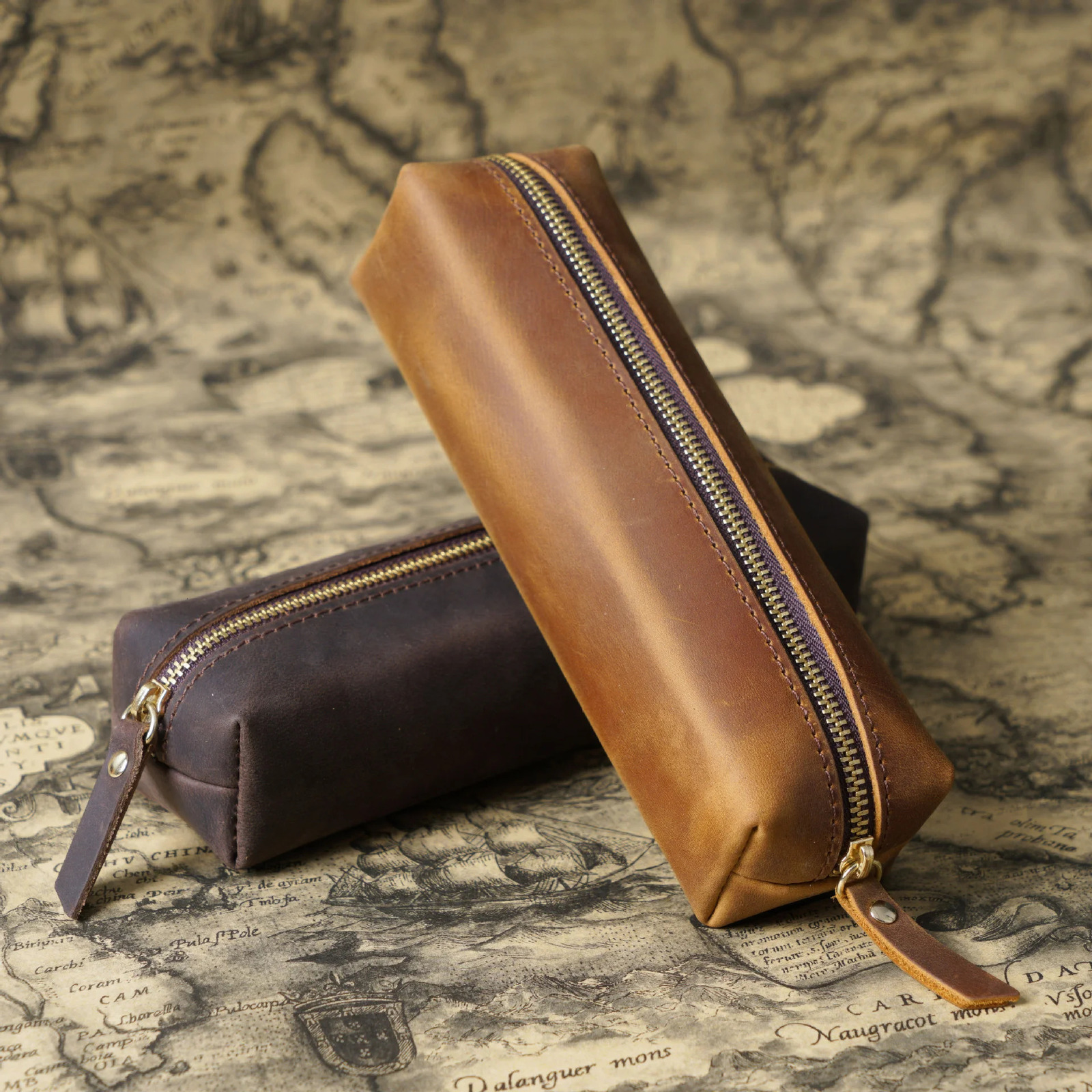 Handmade Genuine Leather Zipper Pen Bag Retro Neutral Large Capacity Pencil Case School Stationery Wholesale 250210