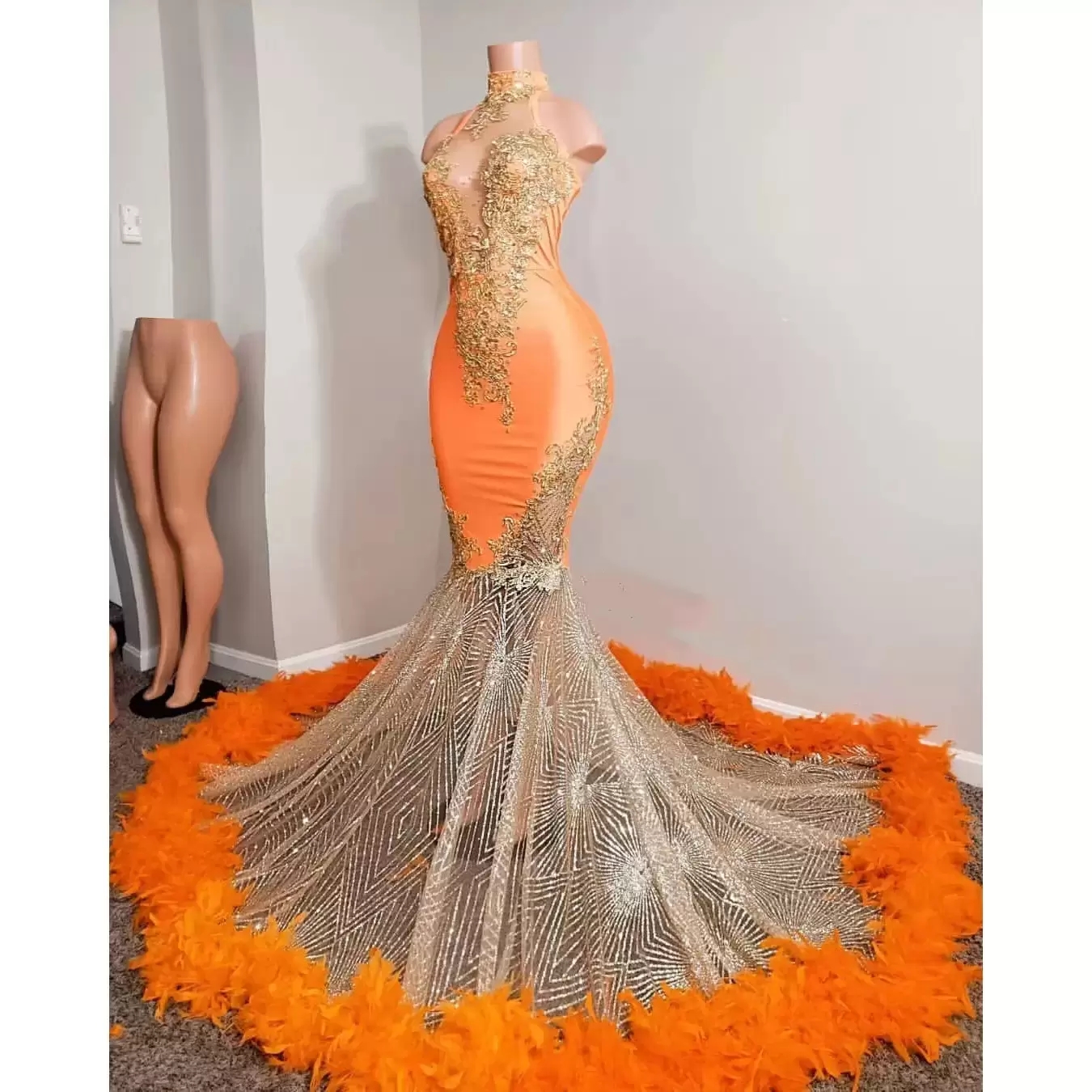 Black Girls Orange Mermaid Prom Dresses Satin Beading Sequined High Neck Feathers Luxury Skirt Evening Party Formal Gowns BC14825 0222