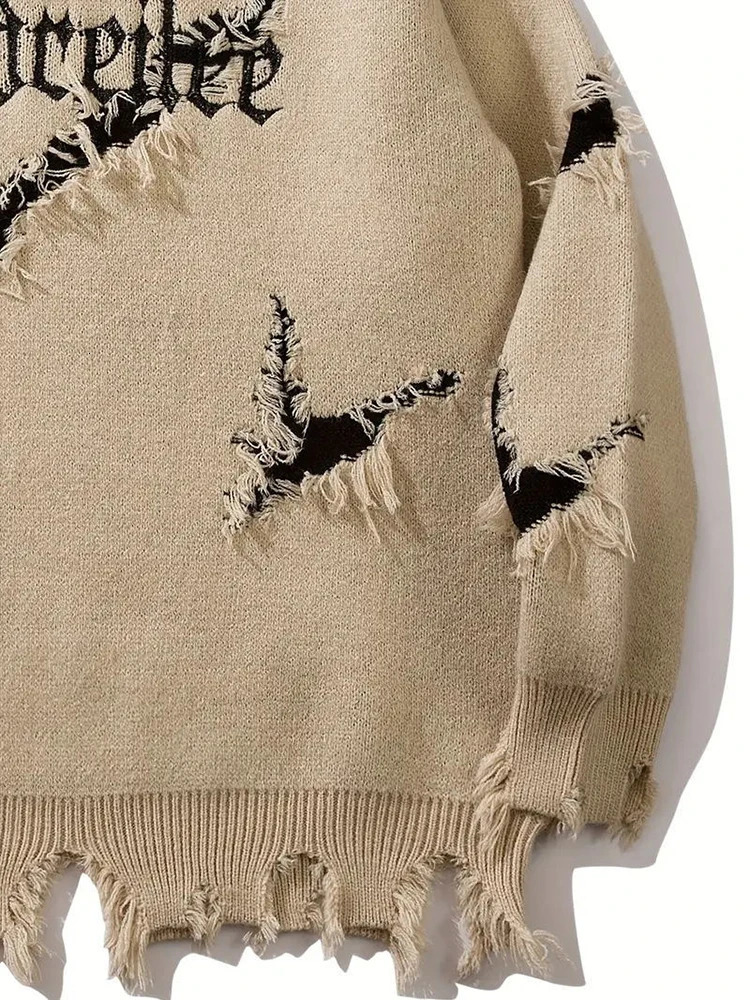 Y2K Style Mens Sweaters Spring Trendy Letter Jacquard Ripped Knit Sweater For Men Streetwear Fashion Crew Neck Knit Jumper Tops 250211