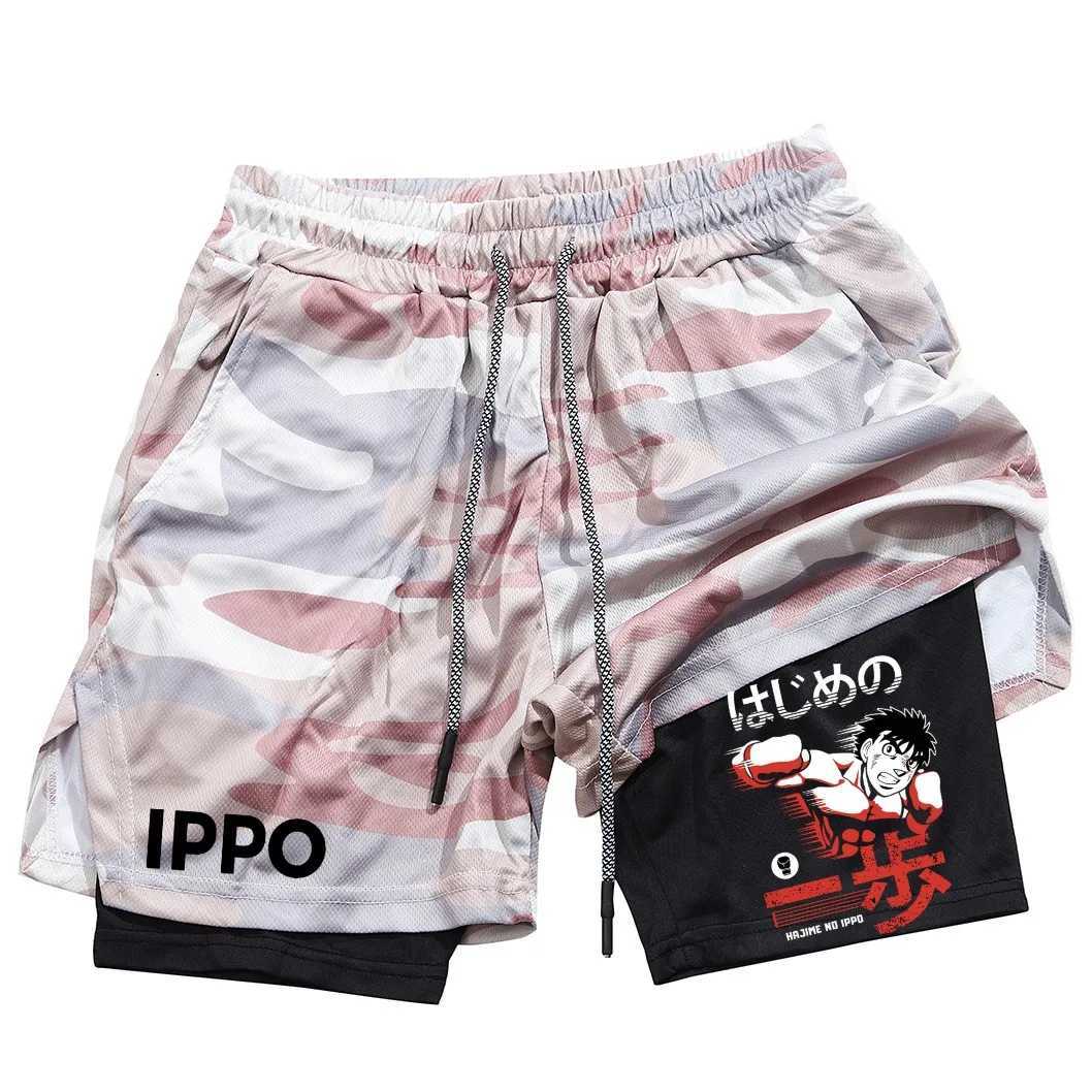 Anime IPPO Print 2 in 1 Compression Shorts for Men Athletic Performance Gym Shorts with Pockets Quick Dry Fitness Workout BoxingXJ250213