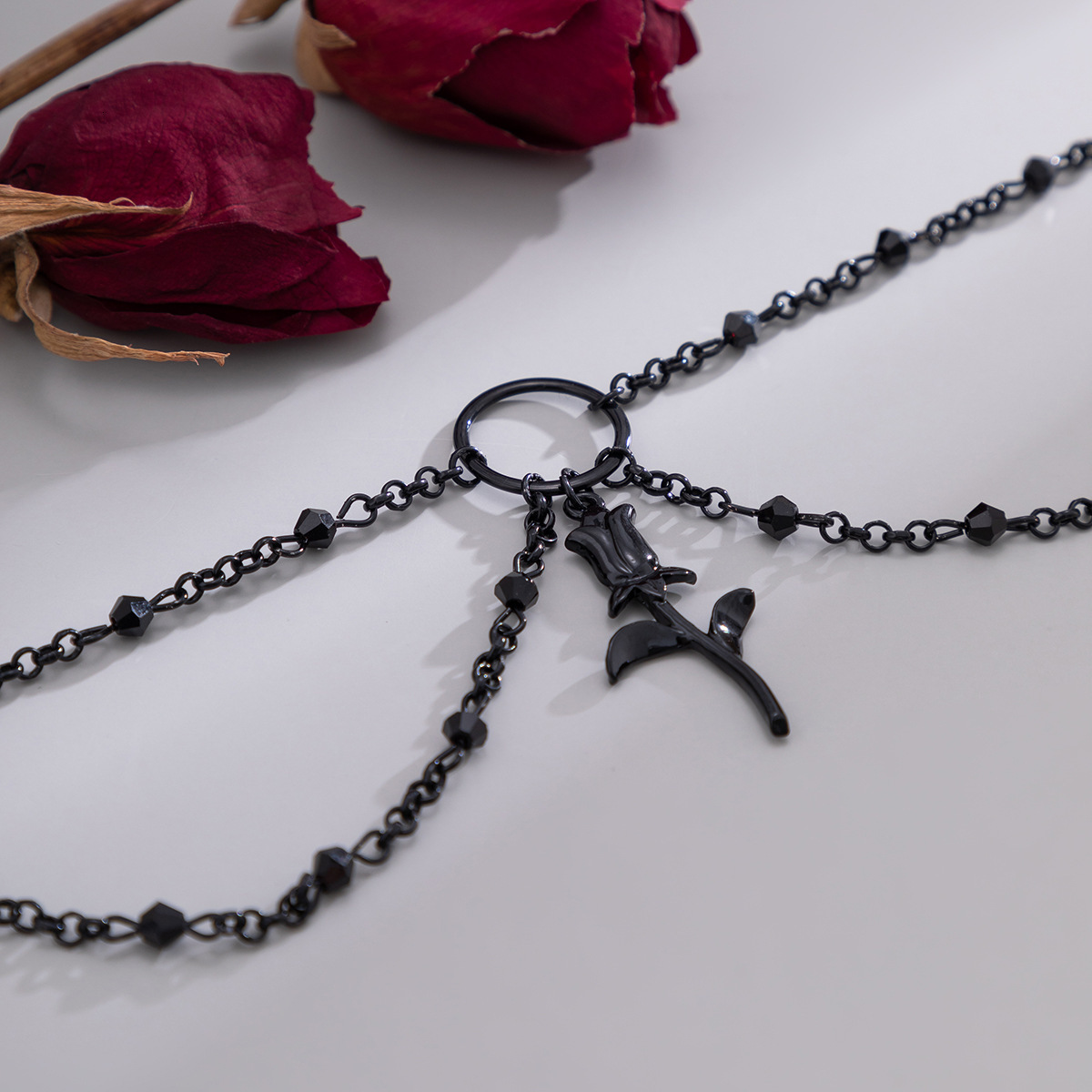 Woman fashion Jewelry minimalist black rose collarbone chain Halloween imitation crystal tassel necklace for women