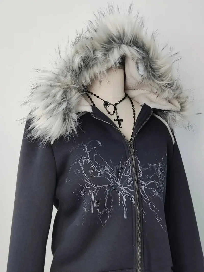 Y2K Gothic Diamond Printed Fur Collar Zip Hoodie Women Retro Millennium Girl Slim Warm Harajuku Korean Street Casual 250213