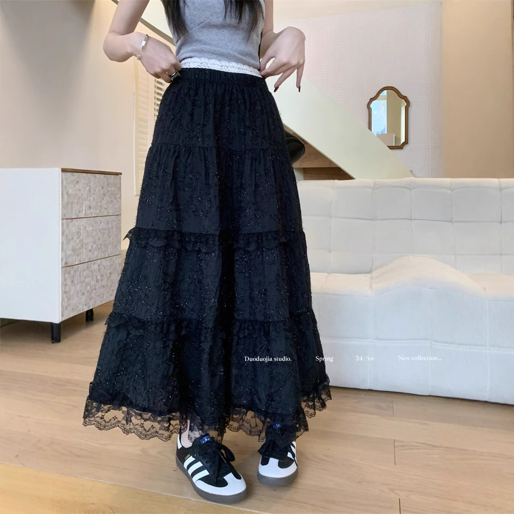 X4150 Spring new design lace cake skirt women's high waist slim splicing sweet all-match long skirt women