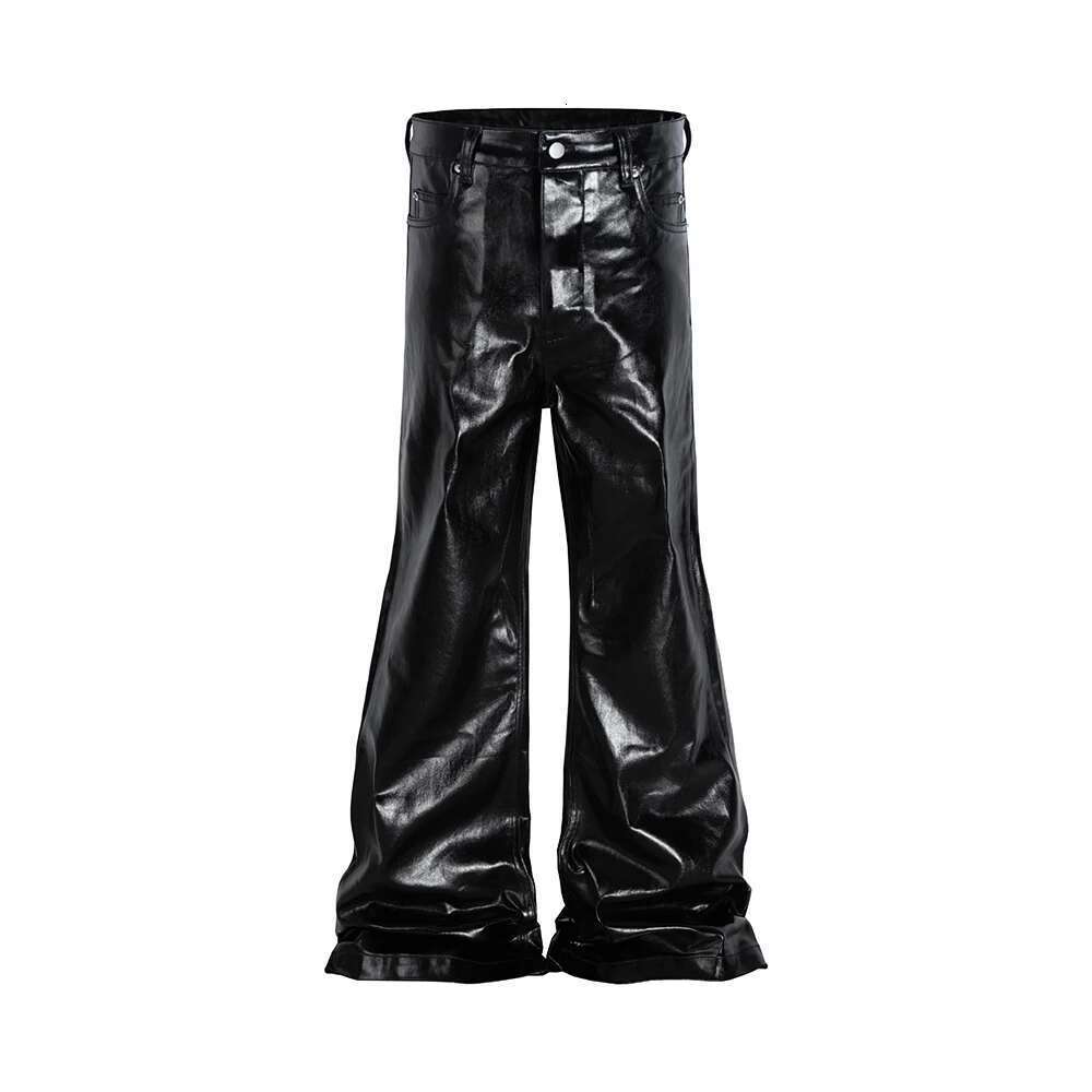 High Street Wide Leg Glossy Pu Leather Pants Sashes Boot Cut Men And Wome Baggy Casual Jeans Oversized Flared Trousers