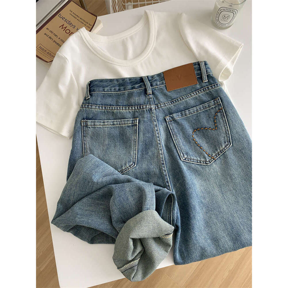 High Waist Straight Jeans For Women Spring Relaxed Slim Embroidered Wide Leg Pants