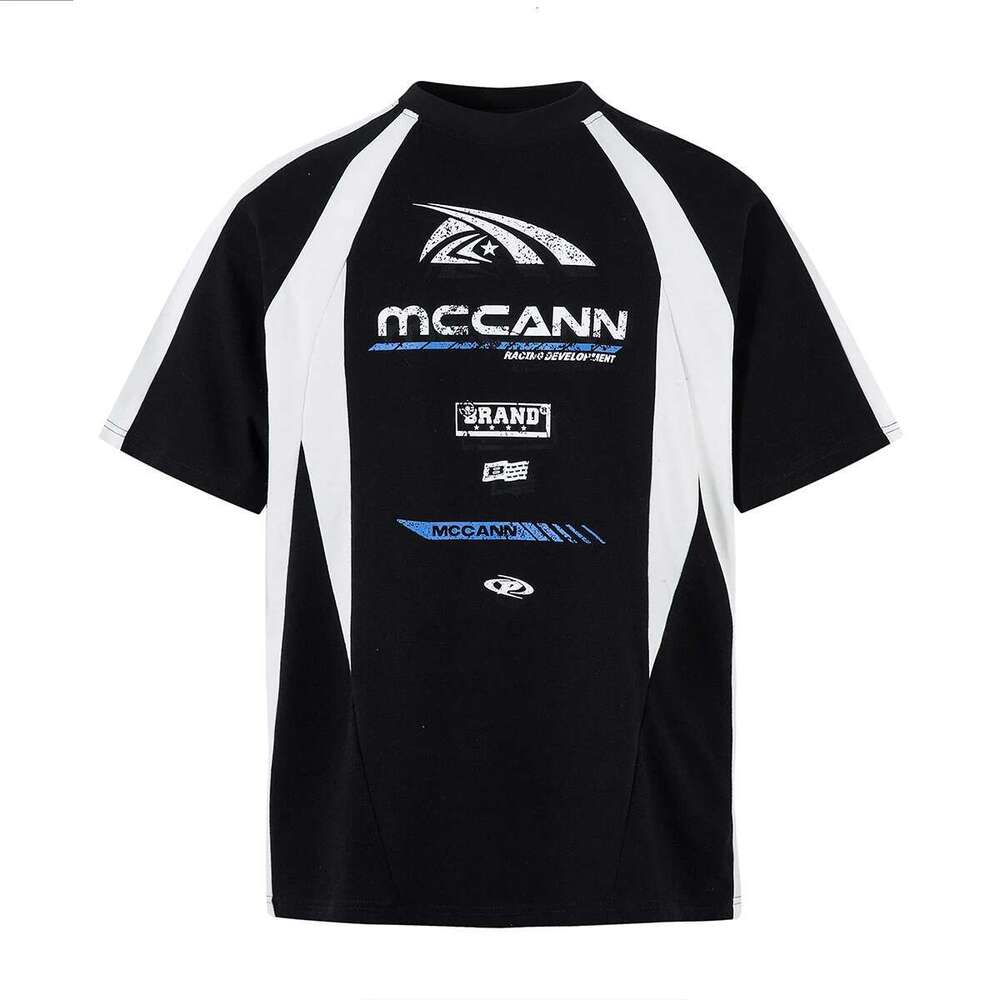 High Street Vintage Crack Letter Print Cotton Summer Tshirts For Men Round Neck Patchwork Loose Casual Top Tees Oversized