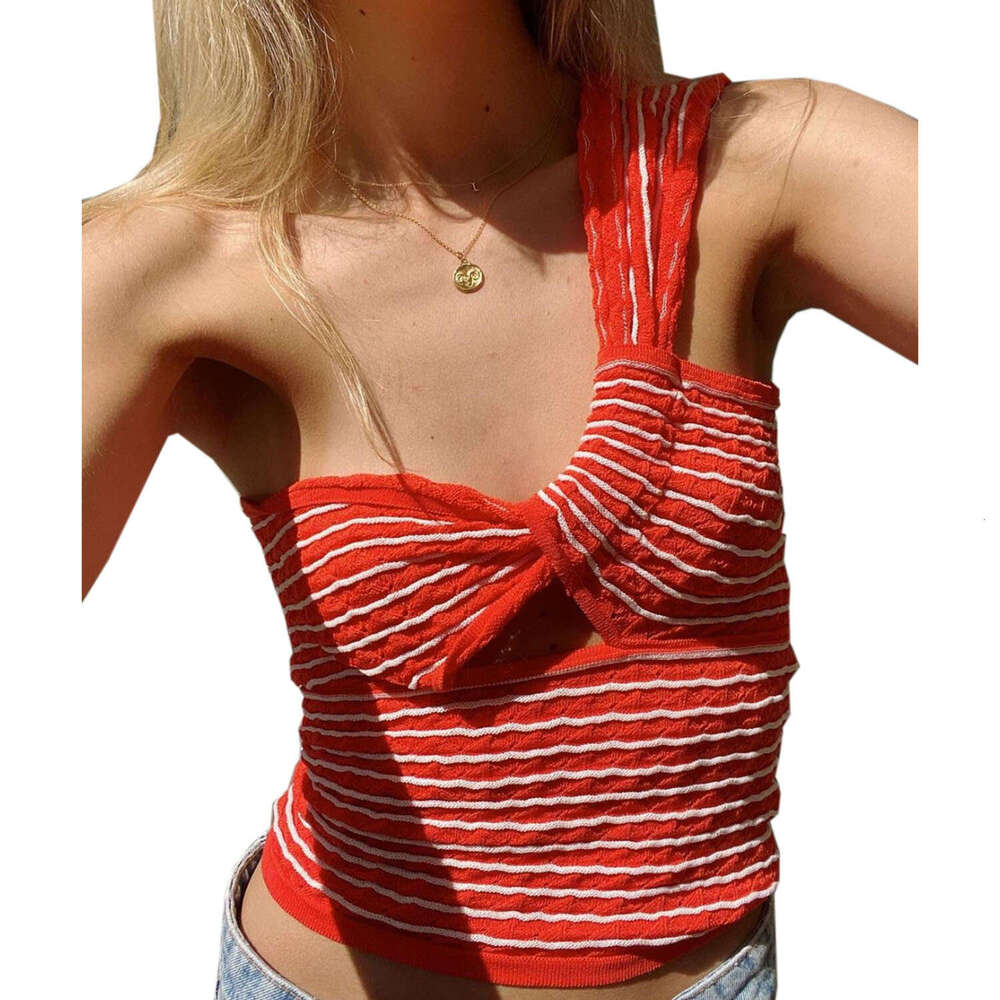 Spring/Summer Hot Women's Striped Single Shoulder Knitted Woolen Tank Top 2025 New Casual Fashion Trendy Clothing