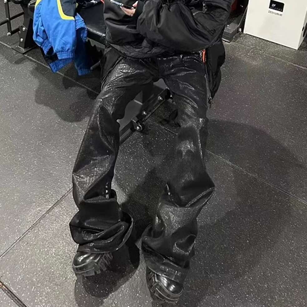 Ro Style Ribbons Matte Coated Stretch Black Flare Pants For Men And Women Lace Up Baggy Leather Trousers Streetwear Boot Cut