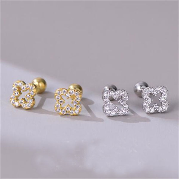 New 925 sterling silver four leaf clover stud earrings with spherical ear back anti-drop, women trendy mini earring jewelry gift