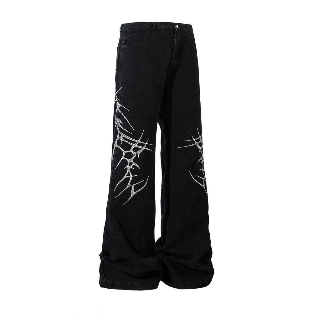 High Street Lighing Embroidery Wide Leg Baggy Black Jeans For Men Straight Ropa Hombre Loose Casual Denim Trousers Oversized