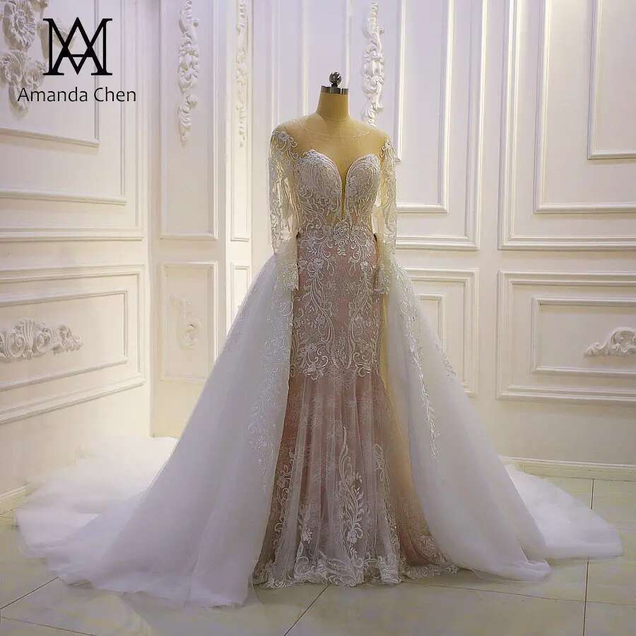 Customized Wedding Dress with Detachable Skirt and High Quality Long Sleeve Lace Appliques