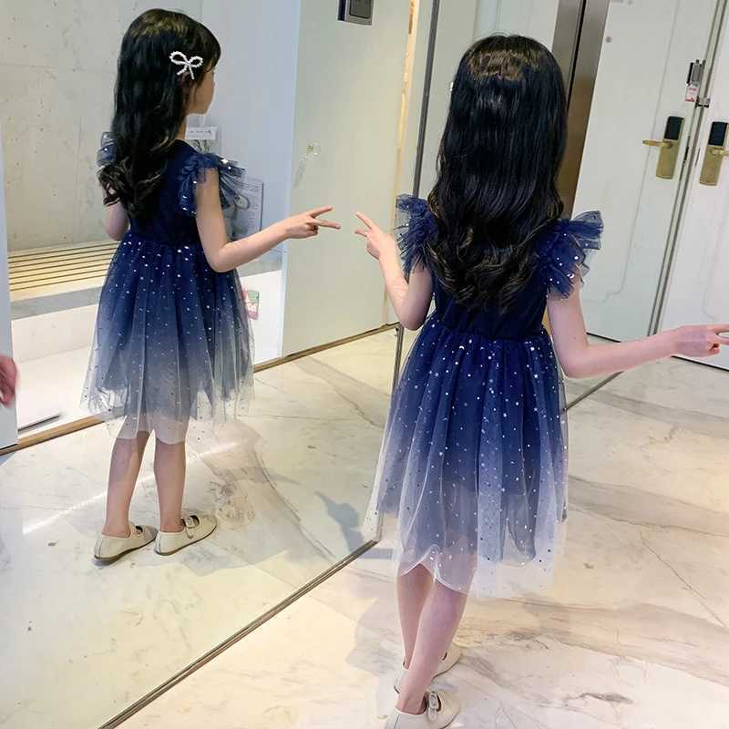 Summer Girl Dress Princess Star Sleeveless Tulle Girls Blue Sequin Tutu Dress for 4-8Y Kids Birthday Par Shaggy Dress Costume Z250214