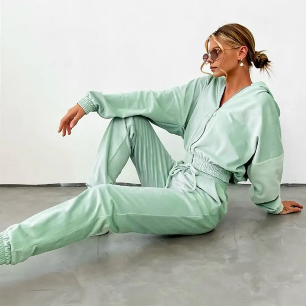 Womens Fall and Winter fashion set zipper hoodie Drawstring Tracksuit Trouser Solid color Two-piece set 250210