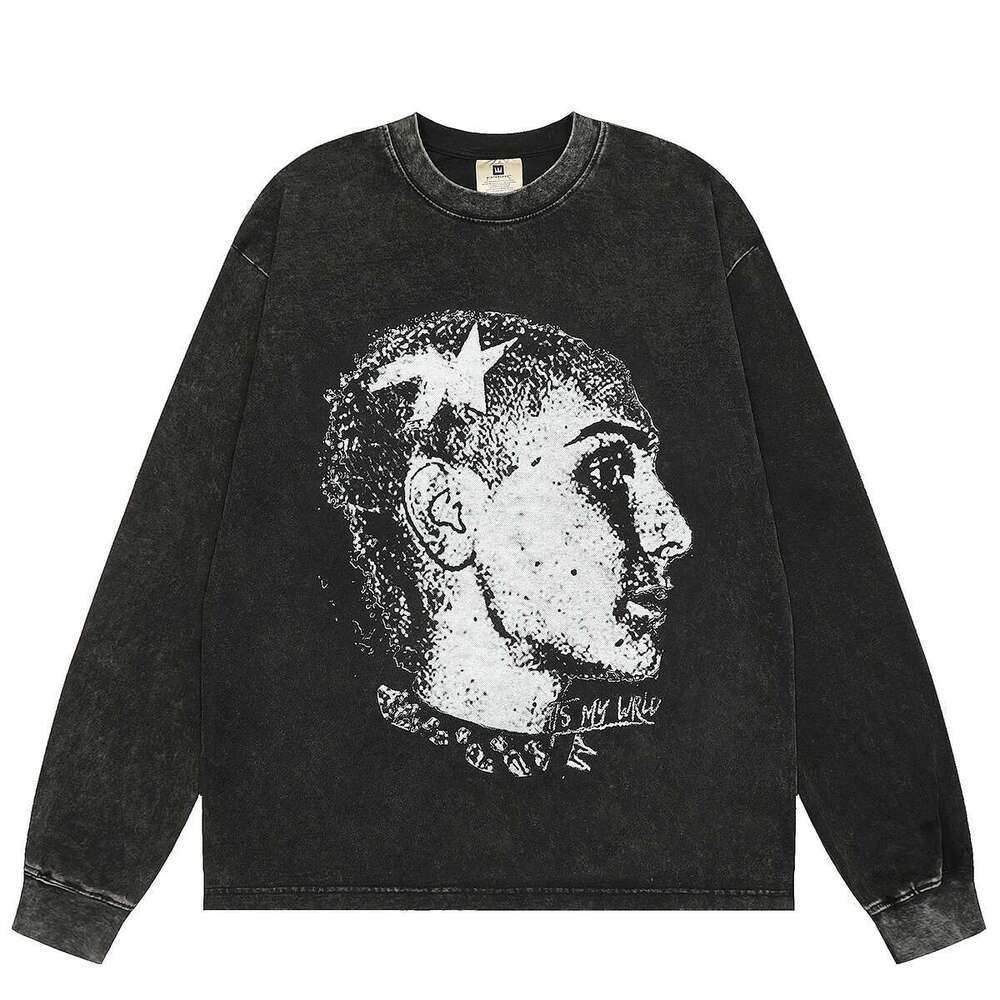 Women Character Digital Print Long Sleeve Tshirts For Men Vintage Crew Neck Cotton Casual Loose Top Tees Oversized Fall T Shirt