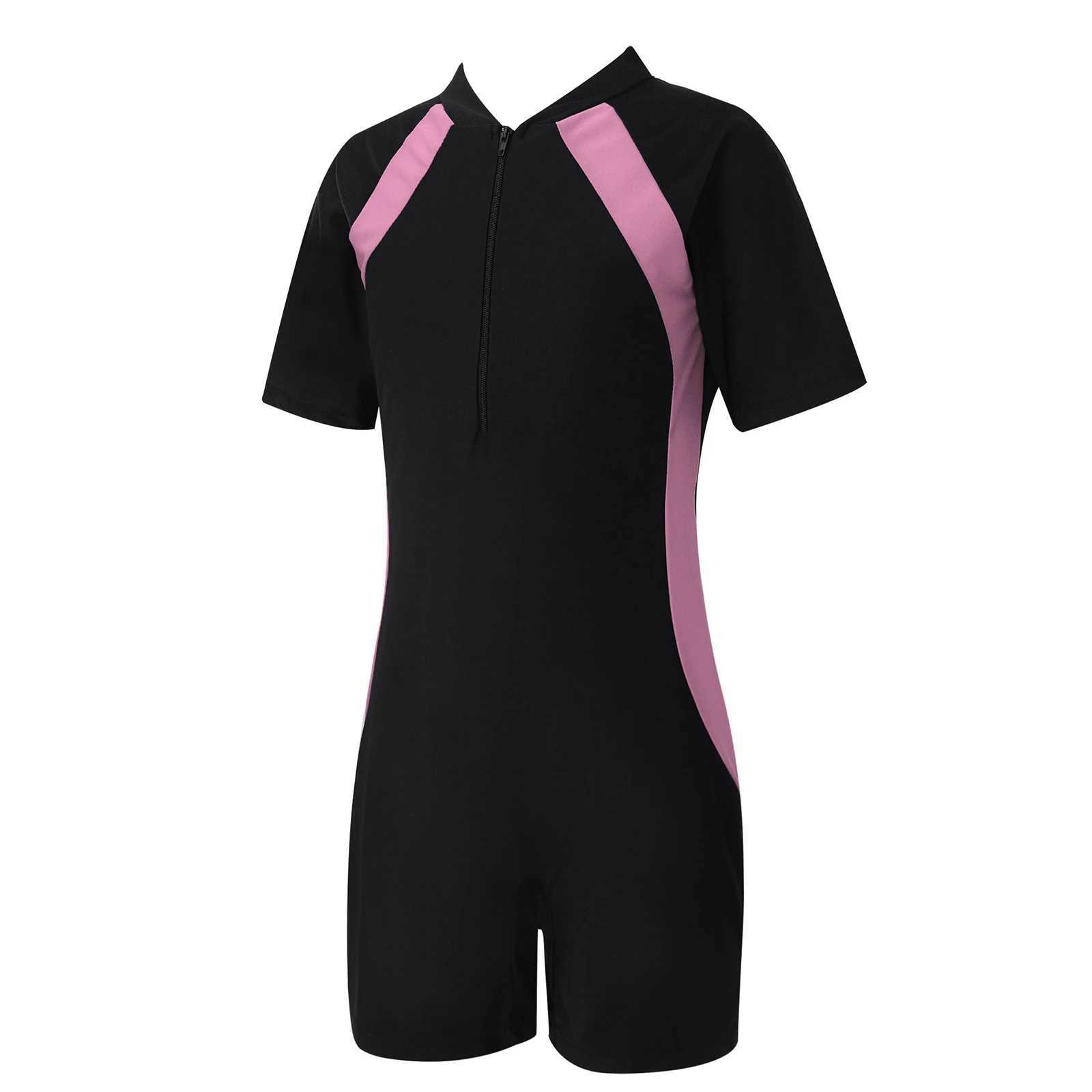 Children One-piece Swimwear Stand Collar Short Sleeves Color Swimming Bathing Suiti Short Rash Guard Jumpsuit Cool Kids Swimsuit Z250214