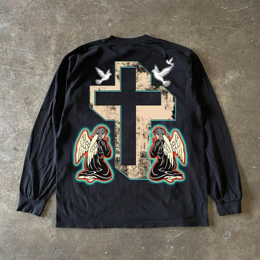 Y2K Retro American Cross Image Art Street Color Printed Black and White T-sleeved Mens Loose Base Sports Shirt Top Long sleeves 250213