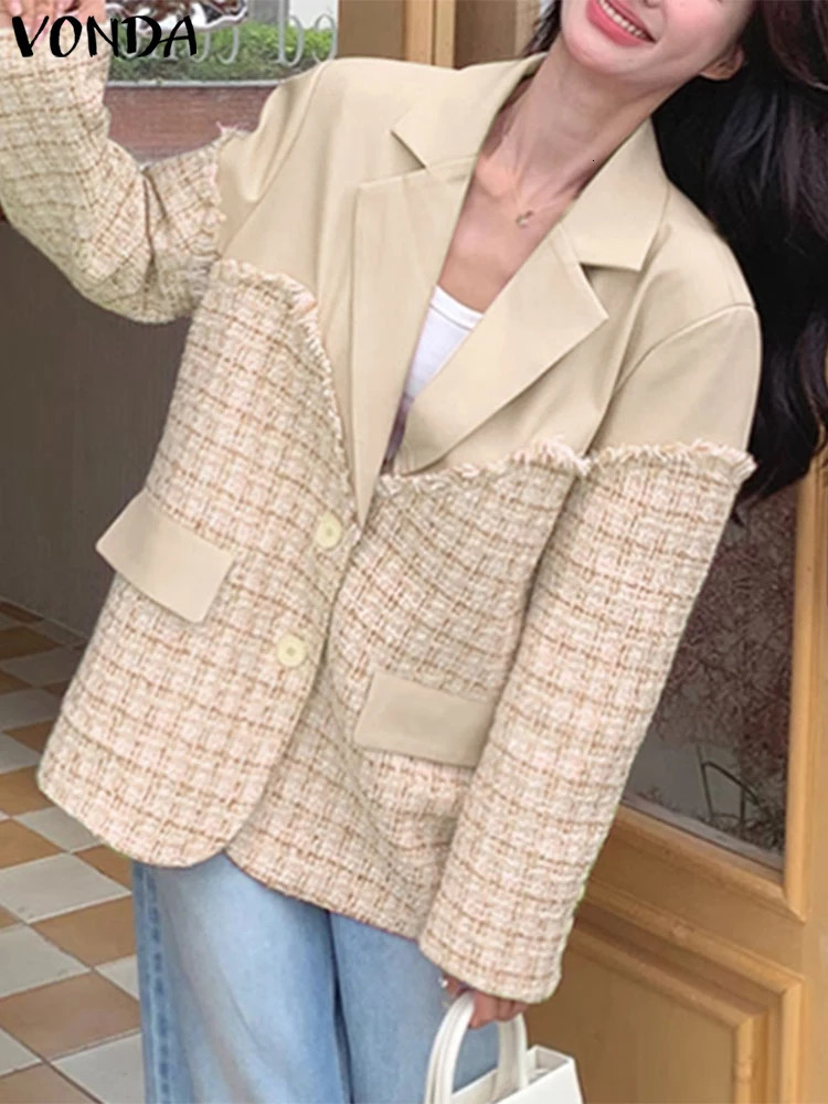 VONDA Women Elegant Long Sleeve Blazer Spring Plaid Patchwork Suits Casual Loose Jackets Female Lapel Neck Open Up Coats 250213