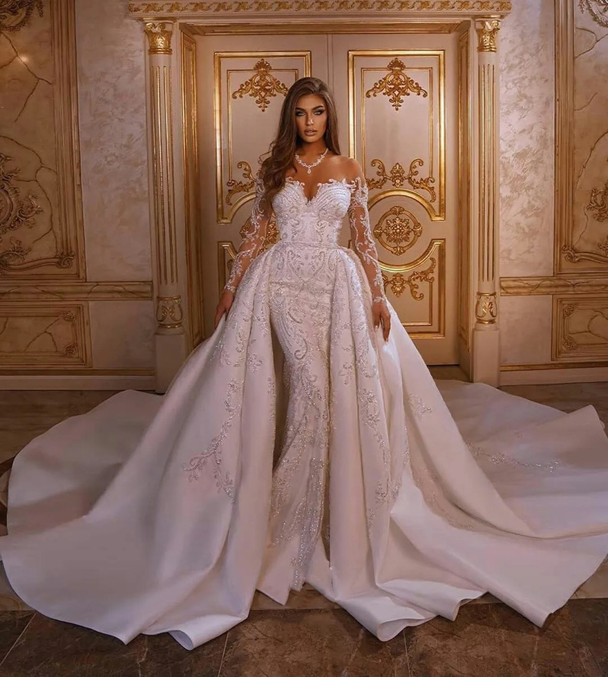 Luxury Mermaid Wedding Dress with Detachable Skirt Appliqued Arabic Trumpet Bridal Gowns Long Sleeves Bohemian Robe De Soiree