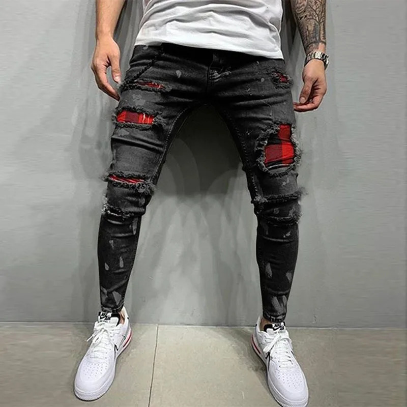 Mens Skinny Ripped Jeans Fashion Grid Hole Endothecium Patches Slim Fit Stretch Casual Denim Pencil Pants Jogging Trousers 250210