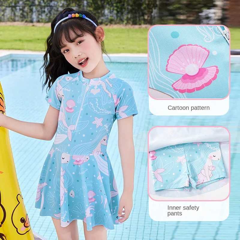 Blue Dolphin Print Swimsuit for Children Teenage Kids One-piece Swimwear Vacation Clothes Small Fresh Girl 2-14Y Z250214
