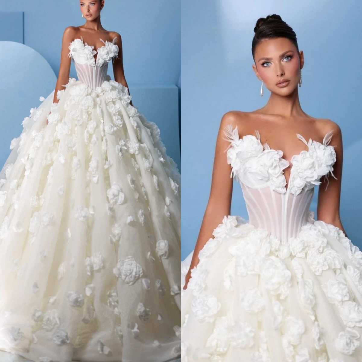 Fashion A e Women Wedding Sweetheart Neck Sleeveless Bridal Gowns 3D Appliques Sweep Train Dress Custom Made vestidos de novia
