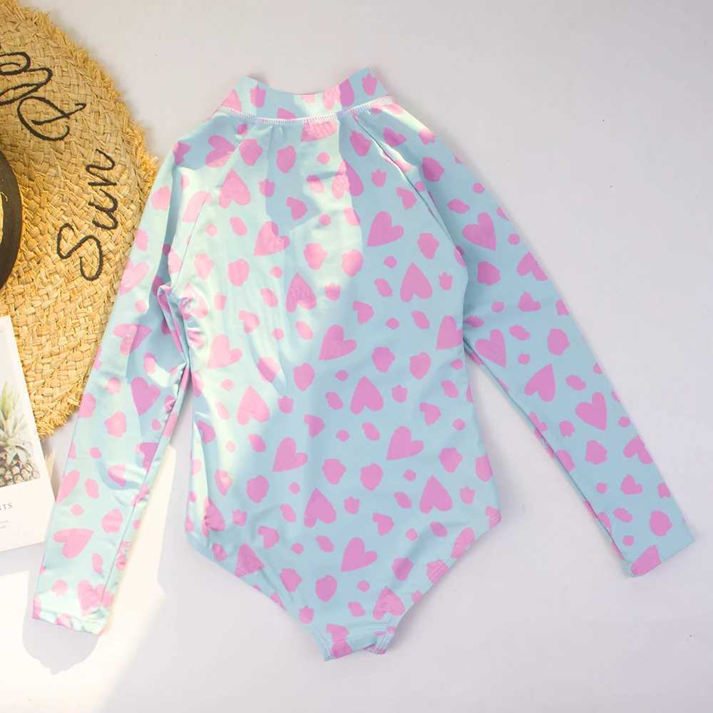 One-piece Quick-Drying Heart Print Swimsuit For Girls Zipper High Elastici Long Sleeved Round Neck Sports Baby Kids Swimwear Z250214