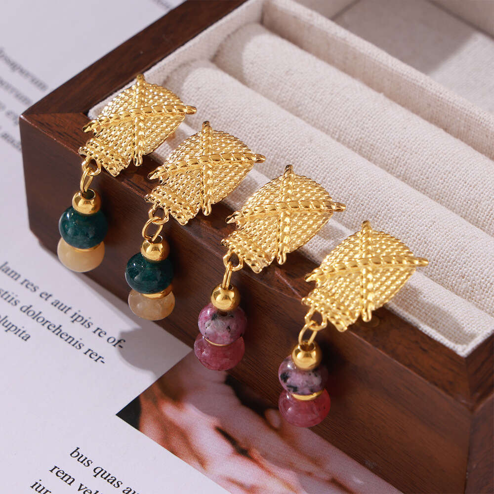 Bohemian polka dot texture titanium steel gold-plated ethnic style natural stone tassel earrings