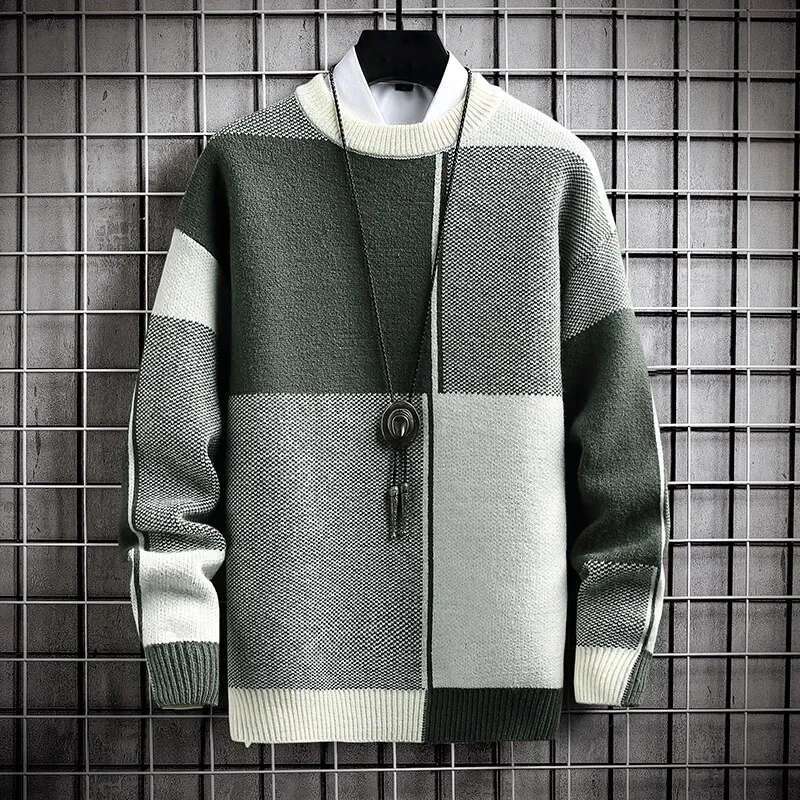 Half Collar Color Blocking Warm Sweater High Quality Men Spring Autumn Slim Leisure Korean Long Sleeve Loose Knit Pullover