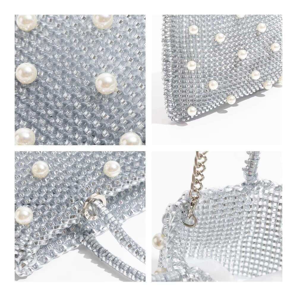 MABULA Shiny PVC Woven Tote Bag Knitted Pearl Handbag For Ladies Party Elegant Women's Satchel With Chain Crossbody Bags