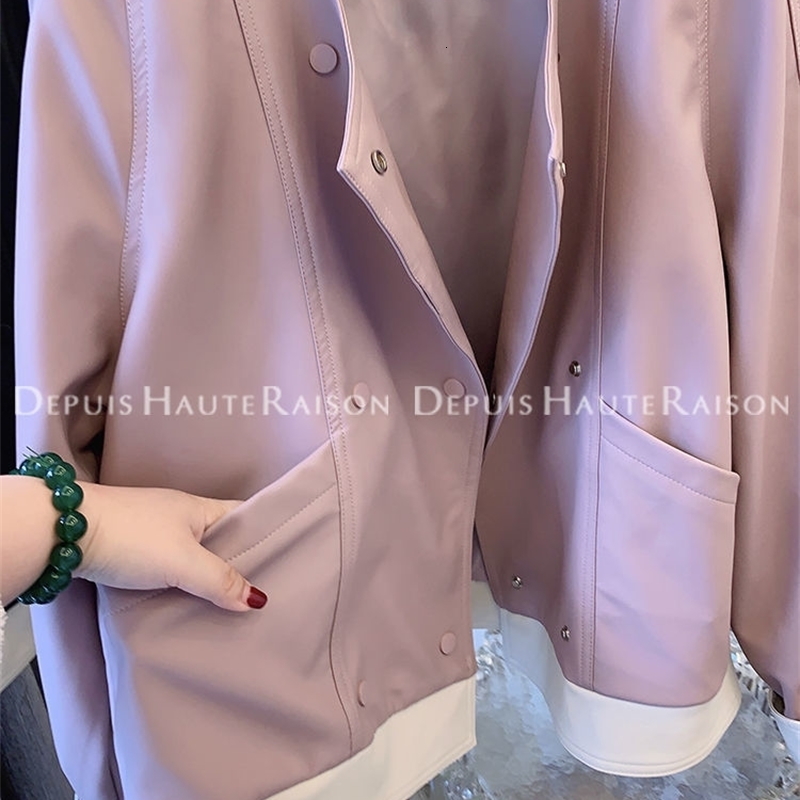 Retro Hong Kong Style Chic Sweet and Spicy Contrasting Color Neutral Retro Style Leather Jacket Womens Short Style Dad Style 250206