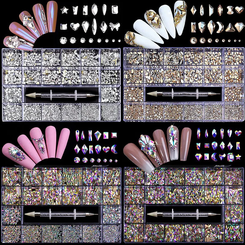 2800pcs Shiny Diamond Nail Art Rhinestones Crystal Decorations Set AB Glass 1pcs Pick Up Pen In Grids Box 21 Shape 250214
