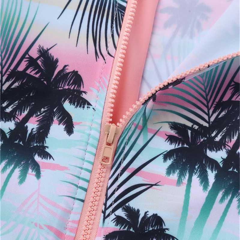 Summer Swimming One-piece Kids Girls Swimsuit Rash Guard Long Sleeves Palm Printed Zippered Bathing Suit Swimwear Beach Wear Z250214