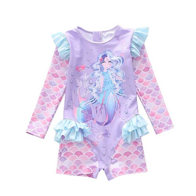 2-9 Years Children Girls Swimsuit Mermaid Printed Sun Protection Long Sleeve Swimwear Princess Girls Beachwear Holiday Z250214