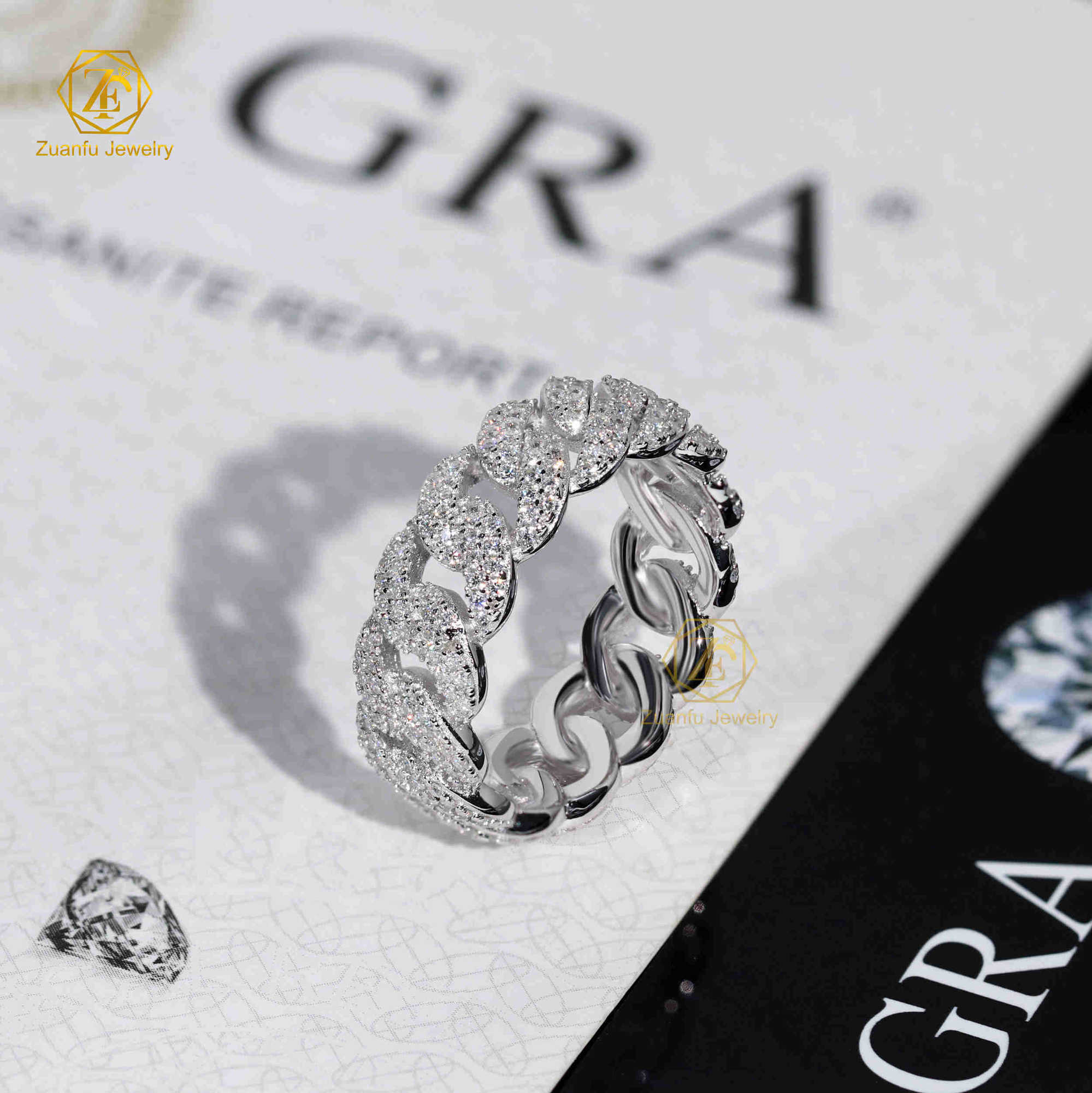 Hiphop Jewelry 2 Rows 7mm Width Cuban Link Ring 925 Silver Moissanite Diamond Ice Out Rapper Men Ring