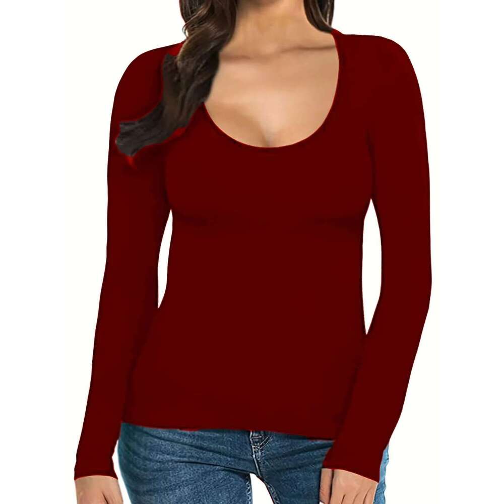 Women Plus Size Scoop Neck Solid Color T-Shirt Casual Spring Autumn Long Sleeve Basic Tee