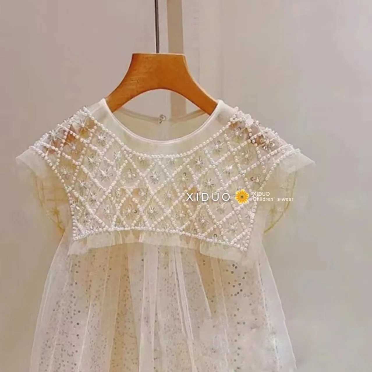 New 2023 Girls Prin cess Dress Casual Spring Summer Childrens Wear Korean Pearl Neck Princess Dress Fashion Yarn Dress Z250214