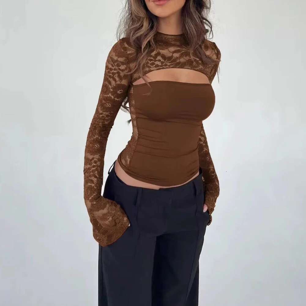 2025 New Fashionable Women's Clothing Sexy Mesh Perspective Lace Splicing Trumpet Sleeves Slim Fit Hollow Out Spicy Girl
